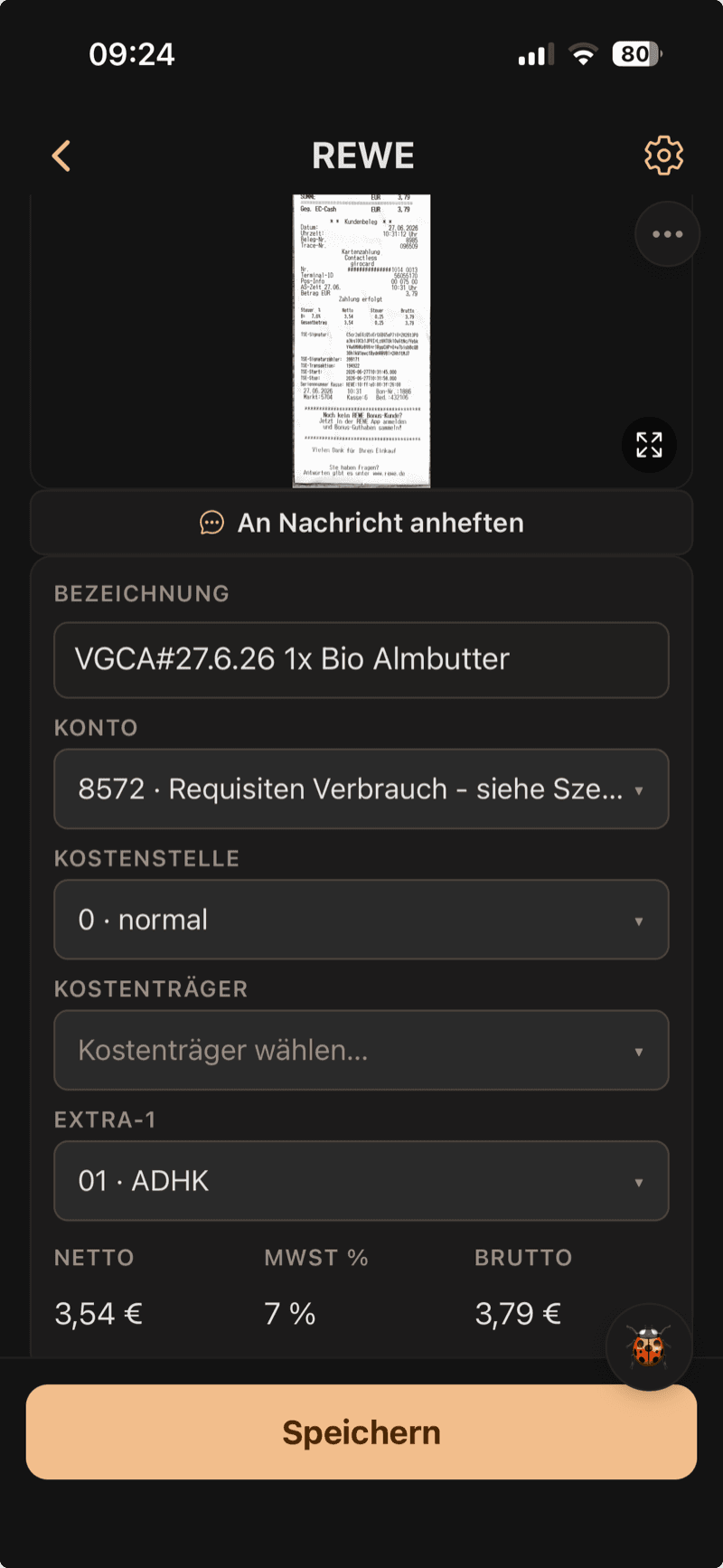 V-Geld-Beleg in der resolvR-App mit erkannten OCR-Daten und Kontierung