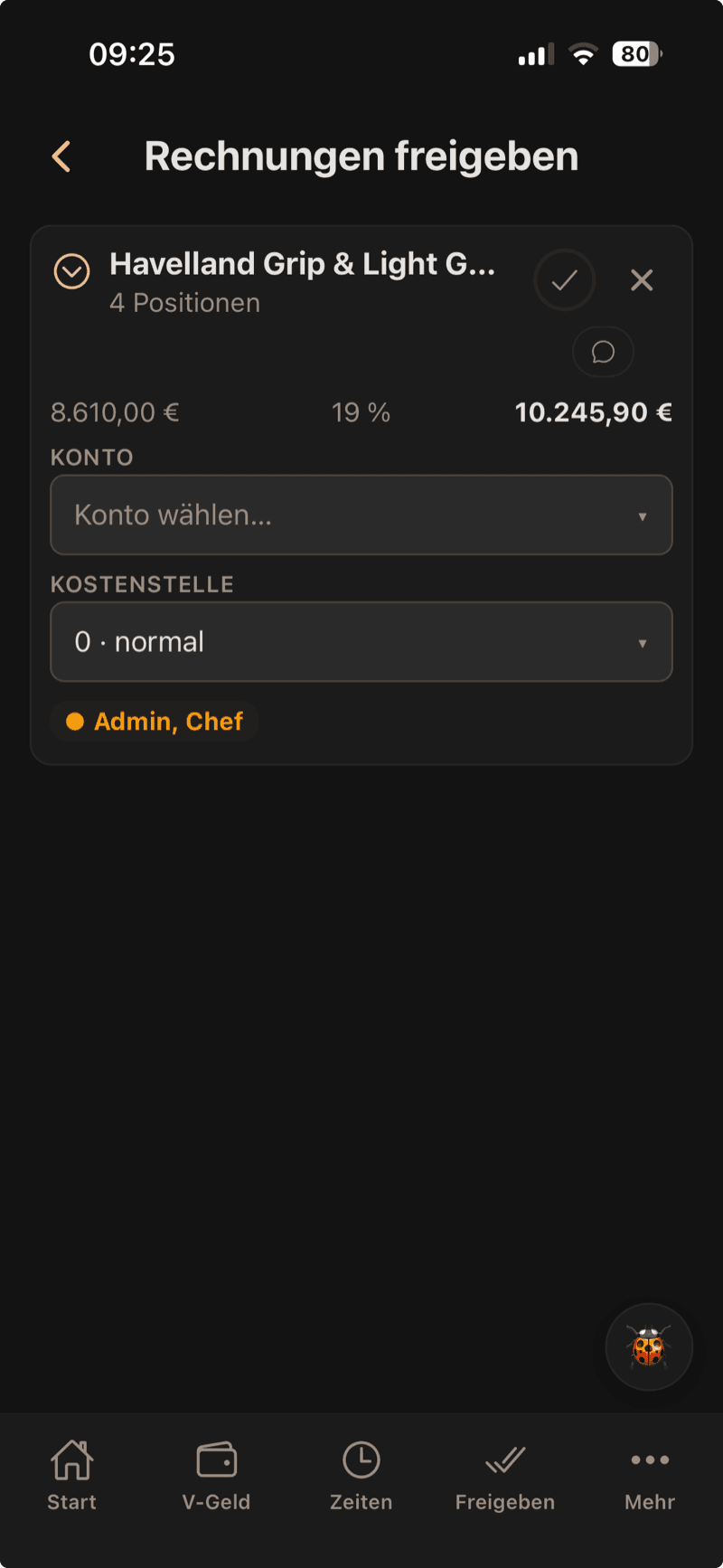 Rechnungs-Freigabe in der resolvR-App mit Konto und Kostenstelle