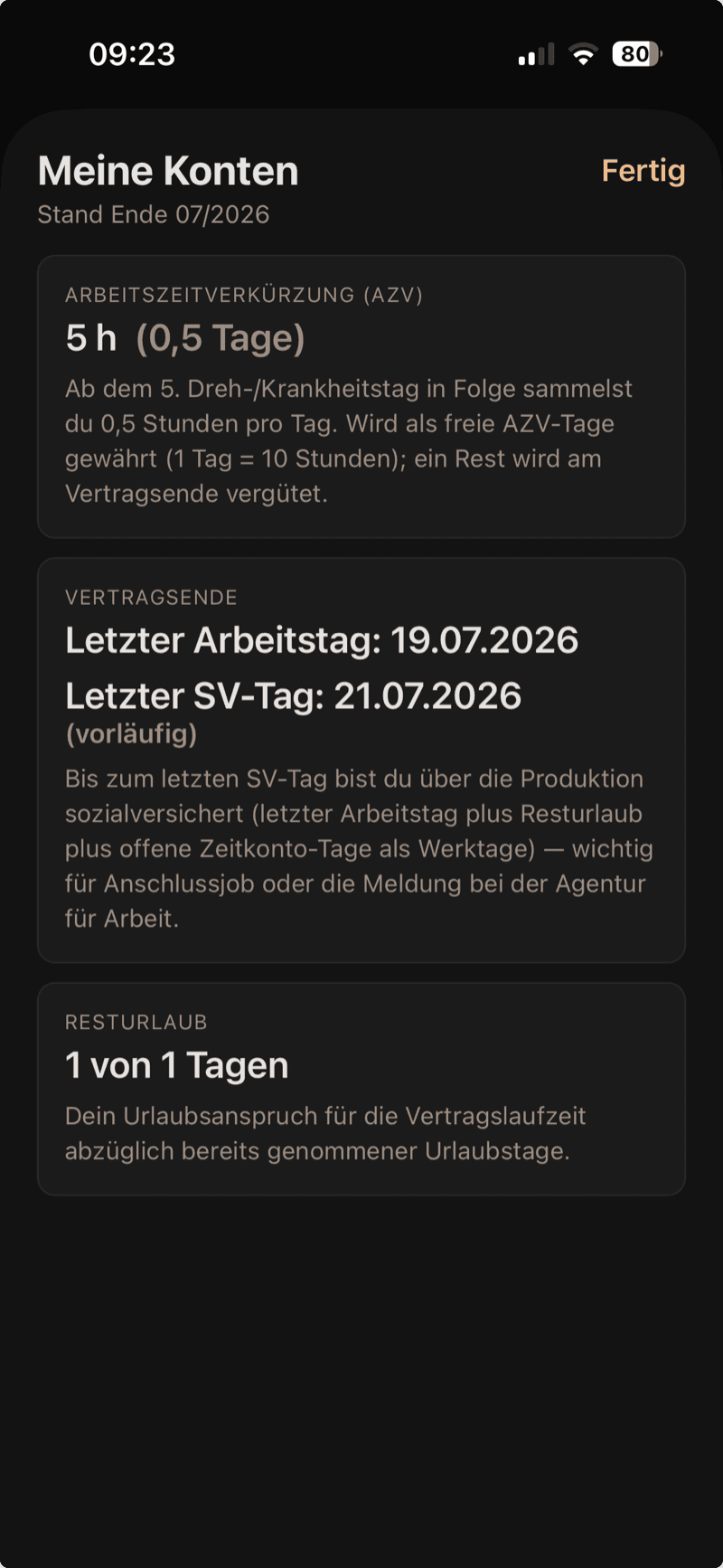 Meine Konten in der resolvR-App: Arbeitszeitkonto, Vertragsende, Resturlaub