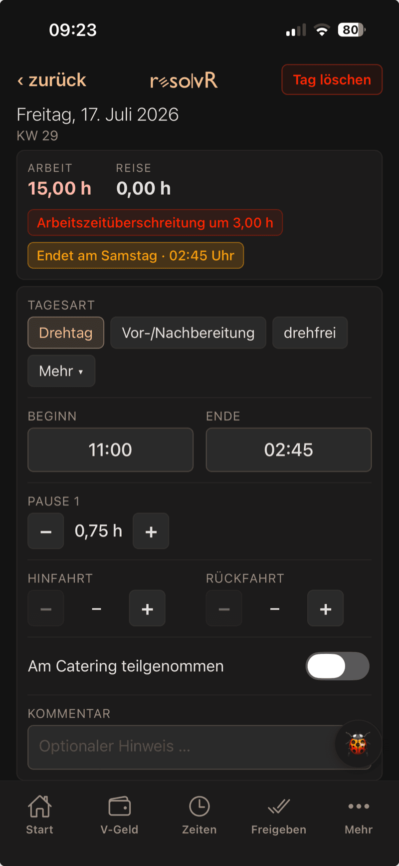 Tages-Erfassung in der resolvR-App mit Warnung zur Arbeitszeitüberschreitung